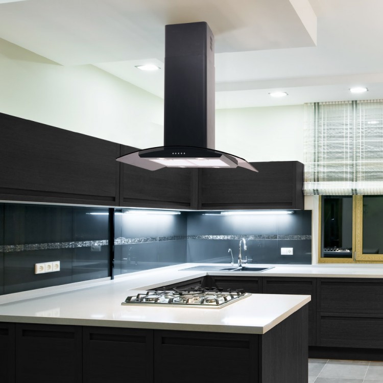 70cm Island Cooker Hood Curved Glass Black Luxair Ireland 70cm Curved Glass Island Black Designer Hood
